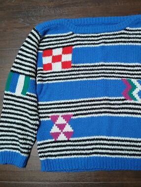 Women's Colorblock Geometric Knit Pullover Sweater M Blue Multicolor Crew Neck